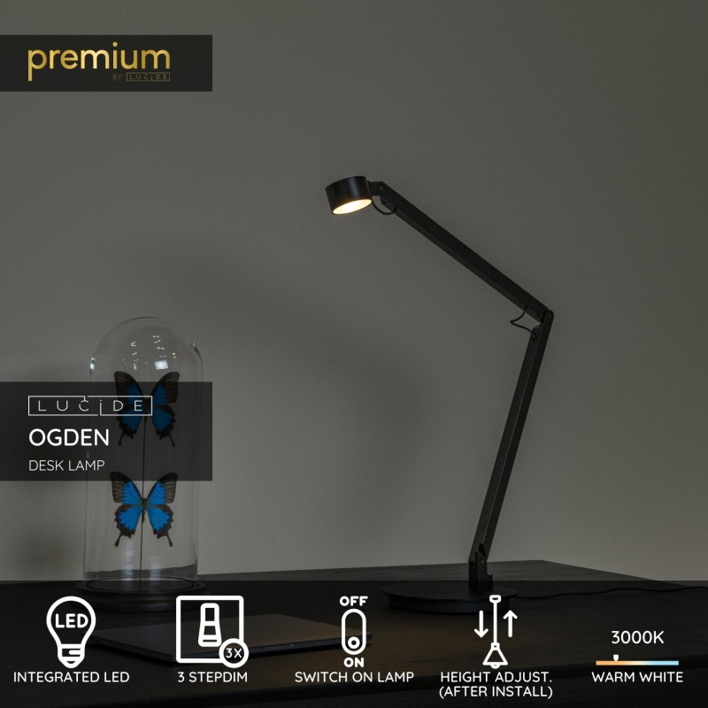 Lucide OGDEN - Stolová lampa - LED Dim. - 1x6W 3000K/3100K - Čierna